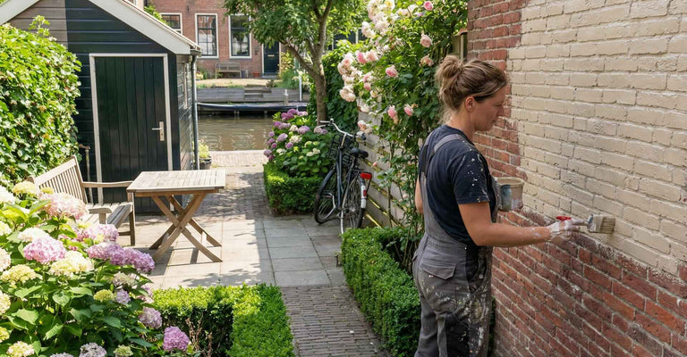 Een saaie tuinwand stylen met kleur, materiaal en decoratie