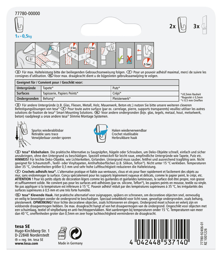 Tesa Powerstrips klevende haak kunststof wit 500gr 2st