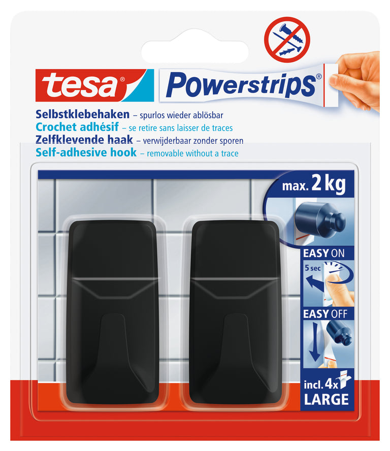 Tesa Powerstrips zelfklevende haak rechthoek kunststof zwart 2st