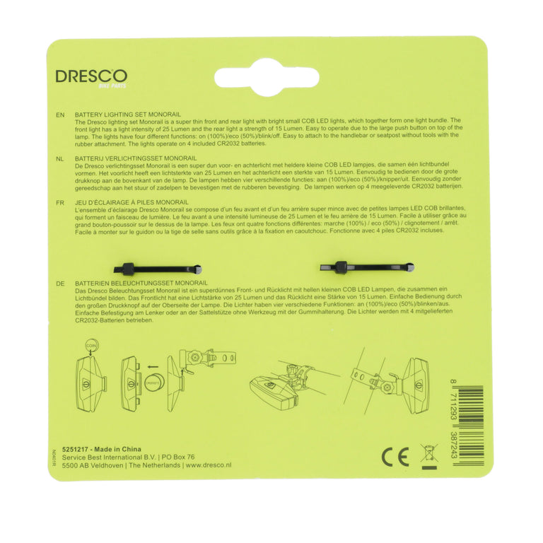 Dresco Monorail fietsverlichtingset LED oplaadbatterijen 2-delig