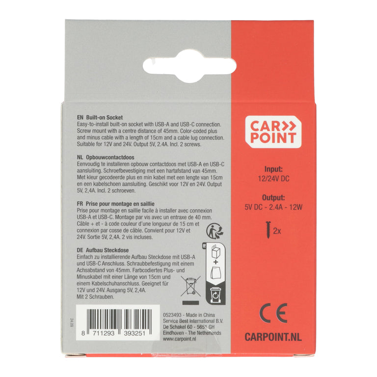 Carpoint opbouwcontactdoos USB-A/USB-C zwart 12/24V