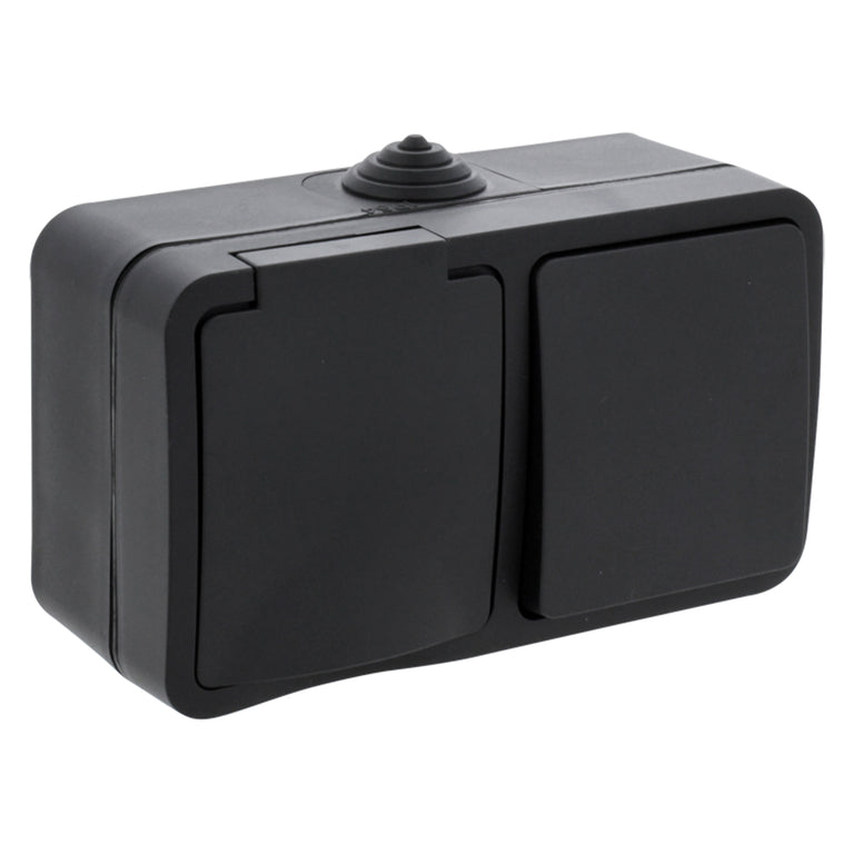 Q-Link SWD opbouw stopcontact + schakelaar 3-voudig randaarde zwart