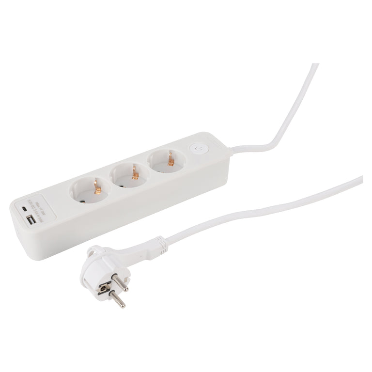 Q-Link stekkerdoos 3-voudig 3x geaard, 1x USB A, 1x USB C wit 1,5m