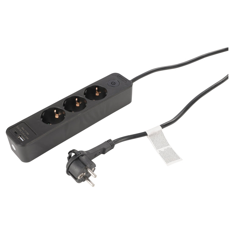 Q-Link stekkerdoos 3-voudig 3x geaard, 1x USB A, 1x USB C zwart 1,5m
