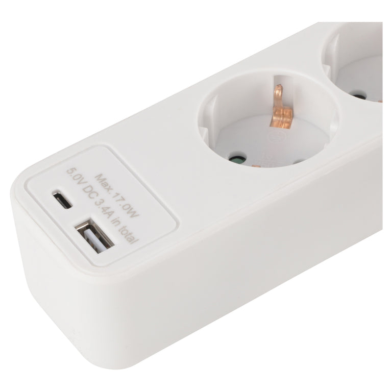 Q-Link stekkerdoos 5-voudig 5x geaard, 1x USB A, 1x USB C wit 1,5m