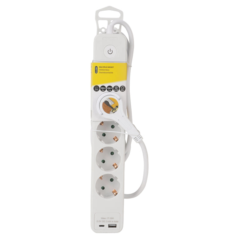 Q-Link stekkerdoos 5-voudig 5x geaard, 1x USB A, 1x USB C wit 1,5m