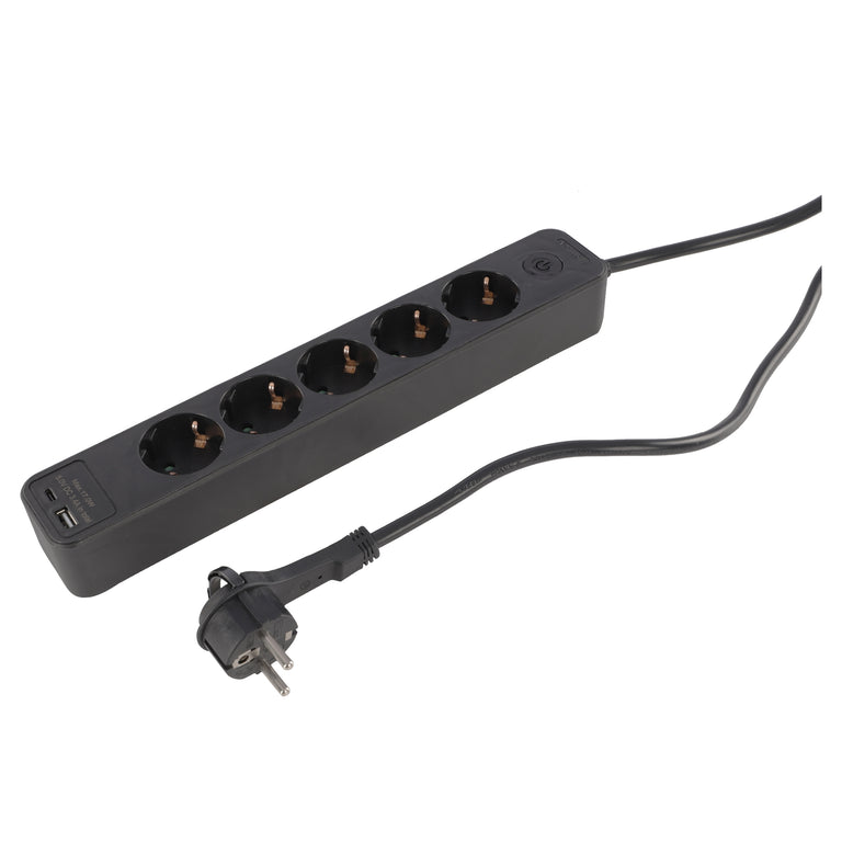 Q-Link stekkerdoos 5-voudig 5x geaard, 1x USB A, 1x USB C zwart 1,5m