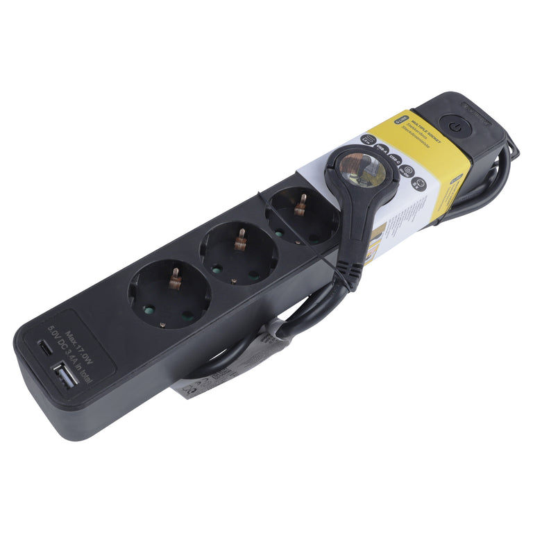 Q-Link stekkerdoos 5-voudig 5x geaard, 1x USB A, 1x USB C zwart 1,5m