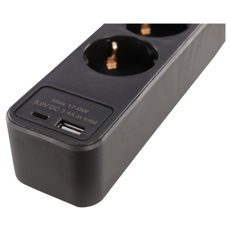 Q-Link stekkerdoos 5-voudig 5x geaard, 1x USB A, 1x USB C zwart 1,5m