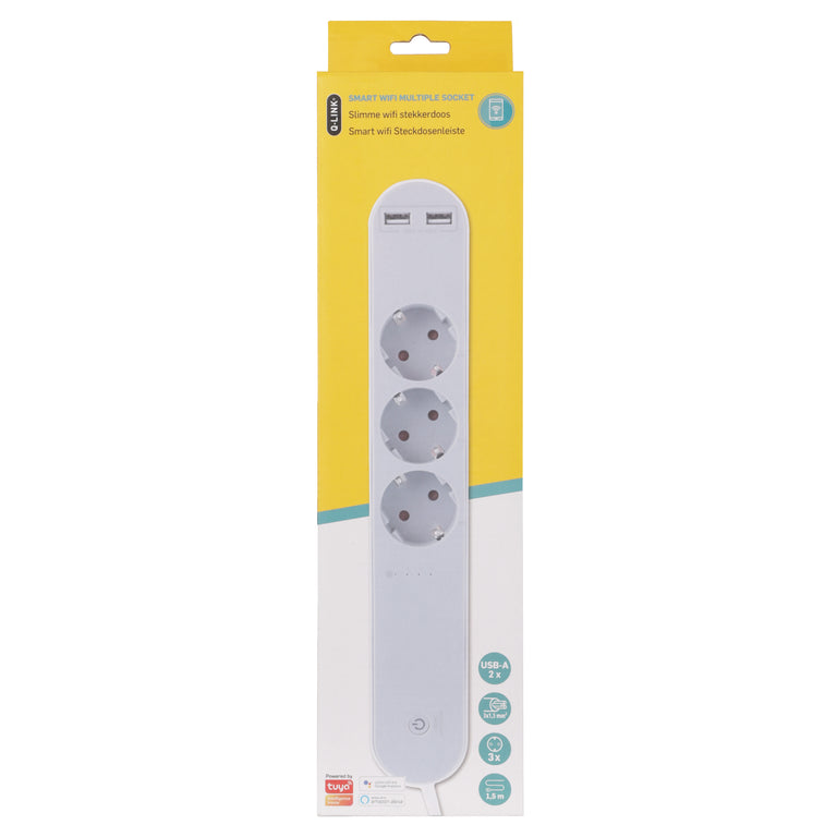 Q-Link stekkerdoos 3-voudig 3x geaard, 2x USB A wit 1,5m