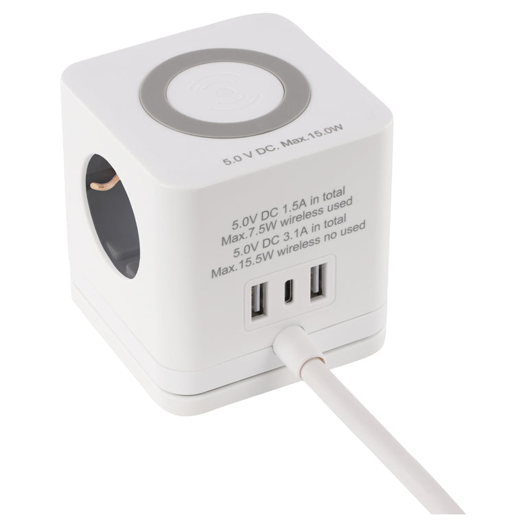 Q-Link Cube stekkerdoos 3-voudig 3x geaard, 2x USB A, 1x USB C wit 1,5m