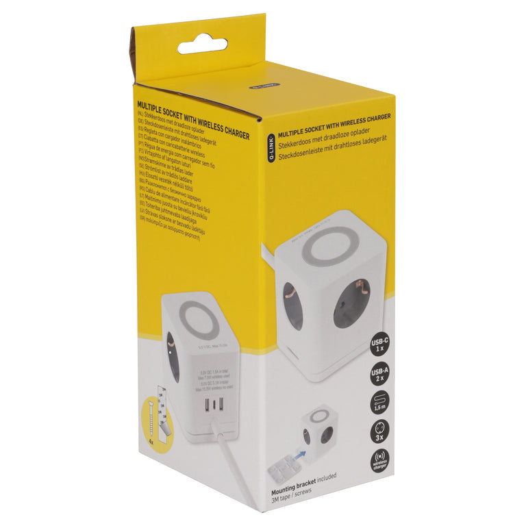 Q-Link Cube stekkerdoos 3-voudig 3x geaard, 2x USB A, 1x USB C wit 1,5m