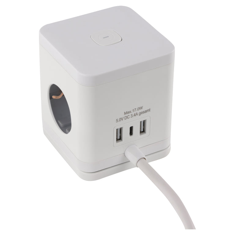 Q-Link Cube stekkerdoos 4-voudig 4x geaard, 2x USB A, 1x USB C wit 1,5m