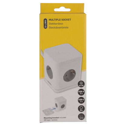 Q-Link Cube stekkerdoos 4-voudig 4x geaard, 2x USB A, 1x USB C wit 1,5m