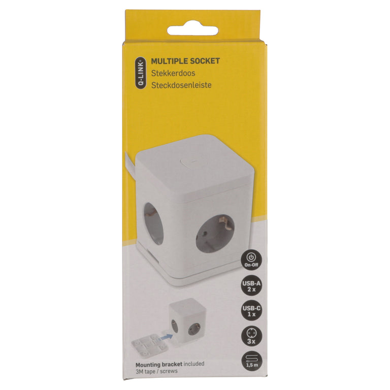 Q-Link Cube stekkerdoos 4-voudig 4x geaard, 2x USB A, 1x USB C wit 1,5m