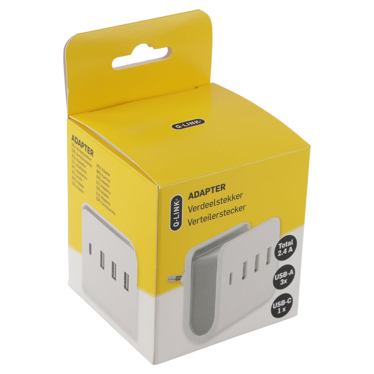 Q-Link adapterstekker 4-voudig 3x USB A, 1x USB C wit, grijs