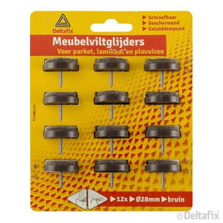 Deltafix meubelviltglijder en schroef rond bruin 28mm 12st