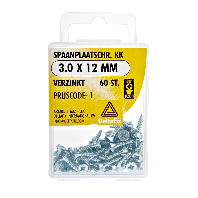Deltafix spaanplaatschroef pozidrive platkop 3x12mm 60st