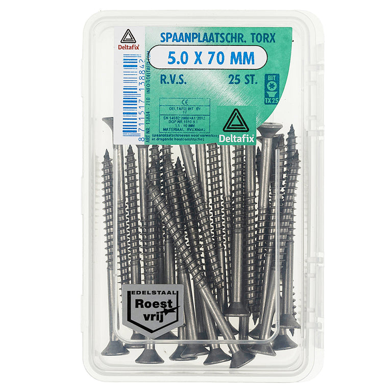 Deltafix spaanplaatschroef platkop 5x70mm 25st