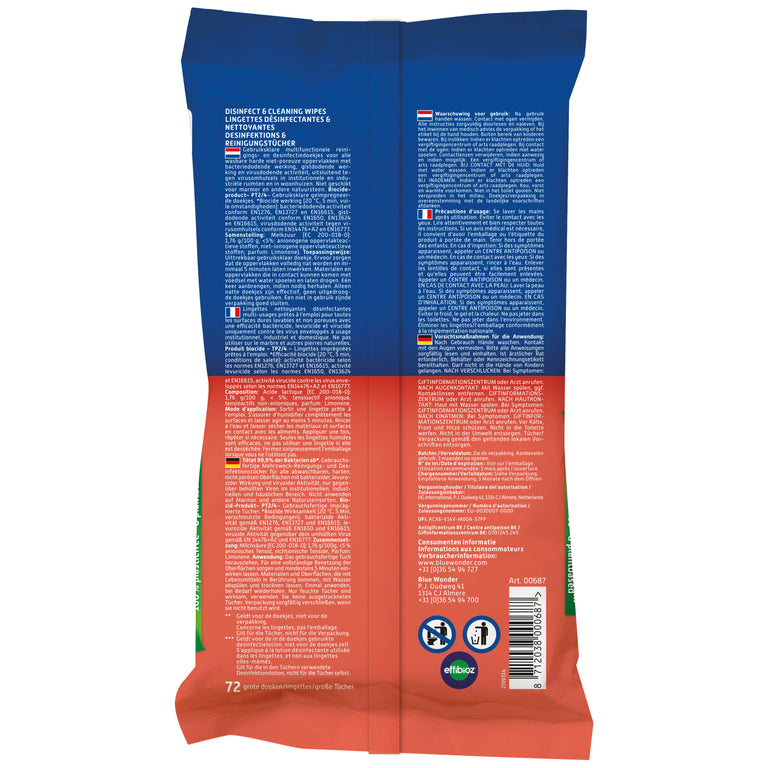 Blue Wonder desinfectie en cleaning wipes 75st