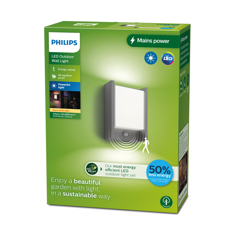 Philips LED wandbuitenlamp Arbour met bewegingssensor 3,8W antraciet