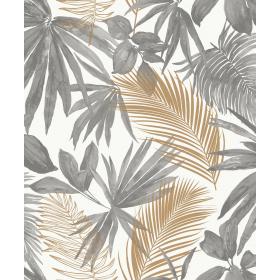Vliesbehang Wild palms bladeren wit, grijs, beige 53cmx10m